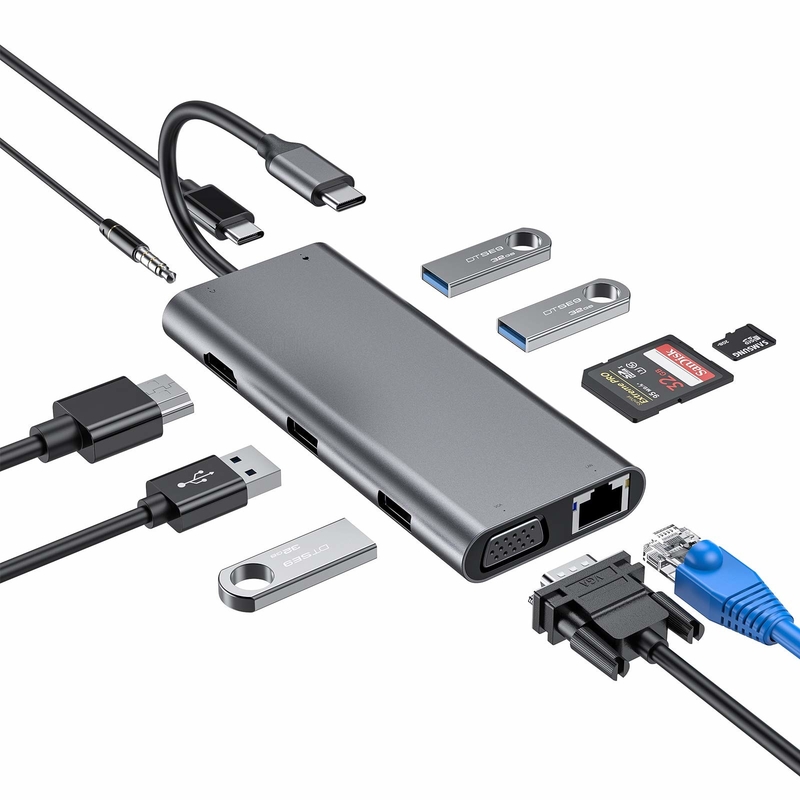 11 σε 1 Type-C Hub Multiport Dock Station με USB3.0 PD SD / TF 4K HDMI VGA RJ45 προσαρμογέα