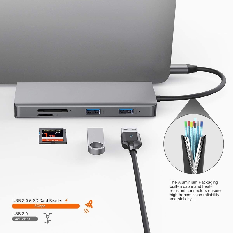 11 σε 1 αλουμινίου Silver USB C Hub με 3.5mm Audio Jack SD Card Reader για υπολογιστή Mac