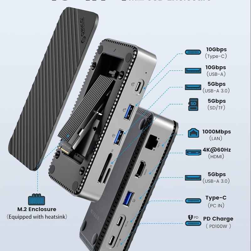USB C Displaylink Docking Station με 10Gbps USB 3.2 Gen2 M.2 NVMe/SATA SSD Reader
