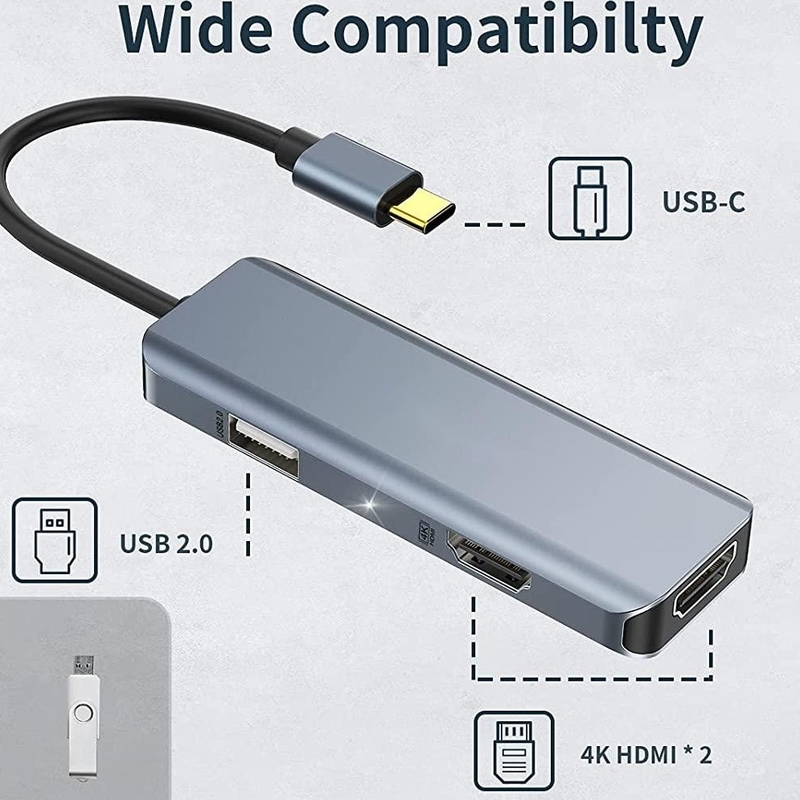 Δύο HDMI USB C Dock Hub Αλουμίνιο USB C Adapter Monitor 3 σε 1 Dongle με 4K HDMI