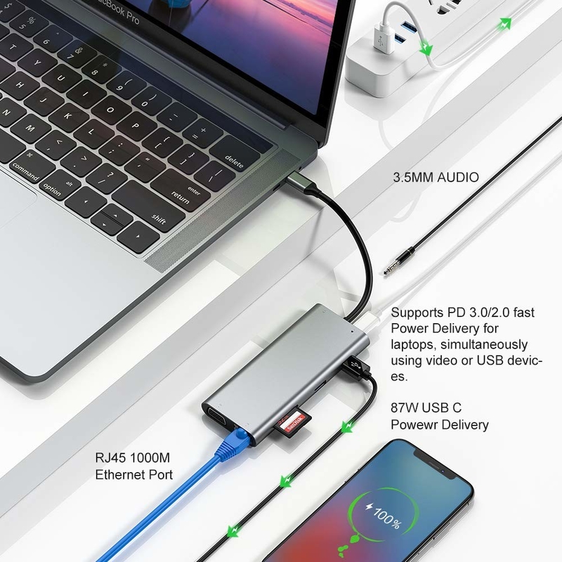 100 Watt USB C Adapter Δύναμη 5 σε 1 USB 3.0 Hub Τύπος C HDMI 4K 30Hz 5Gbps 100W PD Γρήγορη φόρτιση