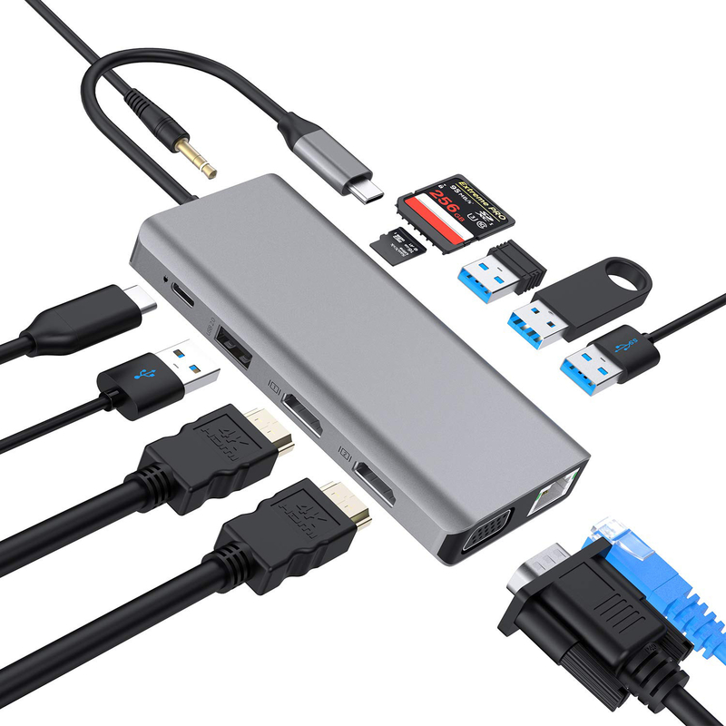 USB C 11 σε 1 Πολλαπλή θύρα τύπου C Τριπλή USB 3.0 TF κάρτα τύπου C USB-C φορητό υπολογιστή