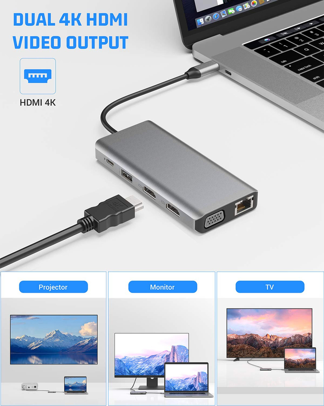 USB C 11 σε 1 Πολλαπλή θύρα τύπου C Τριπλή USB 3.0 TF κάρτα τύπου C USB-C φορητό υπολογιστή