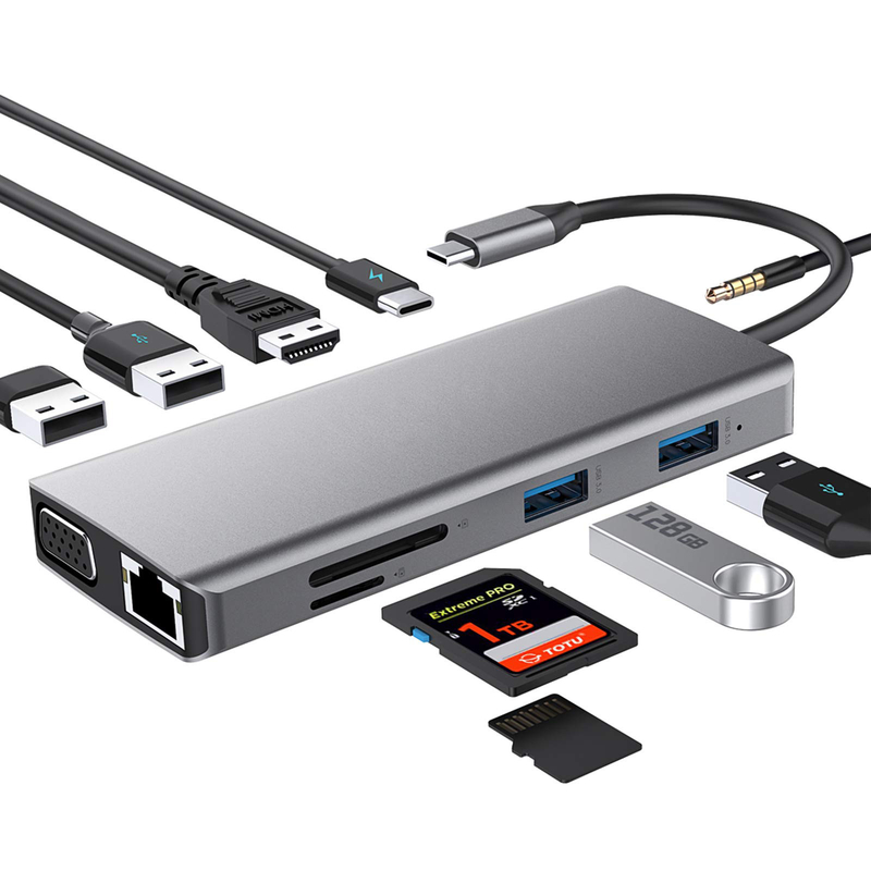 Εναλλακτικός διακόπτης USB C Rj45 12 σε 1 USB C Hub Τύπος-C προς PD HDMI USB3.0 USB2.0 USB-C SD TF
