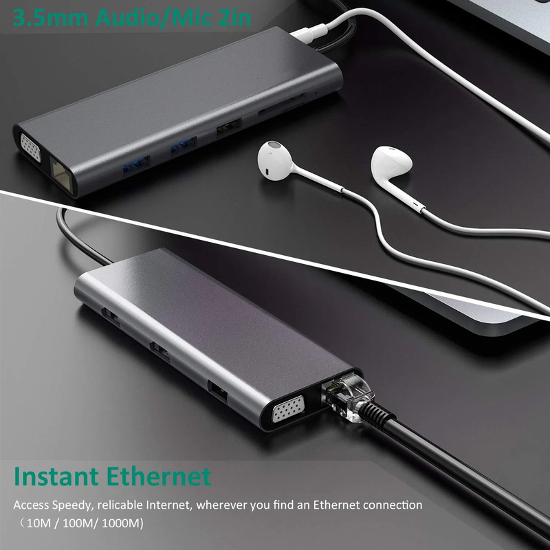 Hub USB 3.0 Usb C Πολλαπλές θύρες Λάπτοπ Προσαρμοστής PC Ηλεκτρονικός υπολογιστής PD Σταθμός φόρτισης RJ45 HDMI