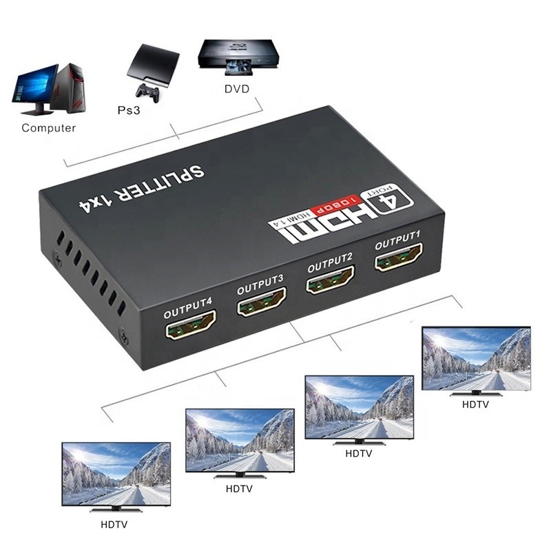 Επαγγελματικός διαχωριστής HDMI 1x4 Full HD 3D 1080P 4 θύρες μετατροπέας για τηλεόραση θηλυκό-θηλυκό