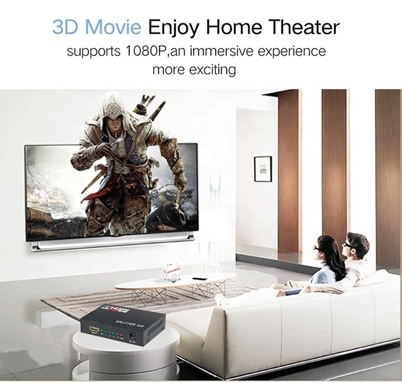 Επαγγελματικός διαχωριστής HDMI 1x4 Full HD 3D 1080P 4 θύρες μετατροπέας για τηλεόραση θηλυκό-θηλυκό
