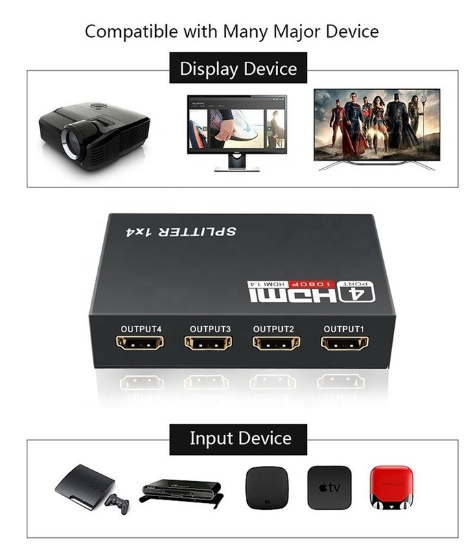 Επαγγελματικός διαχωριστής HDMI 1x4 Full HD 3D 1080P 4 θύρες μετατροπέας για τηλεόραση θηλυκό-θηλυκό