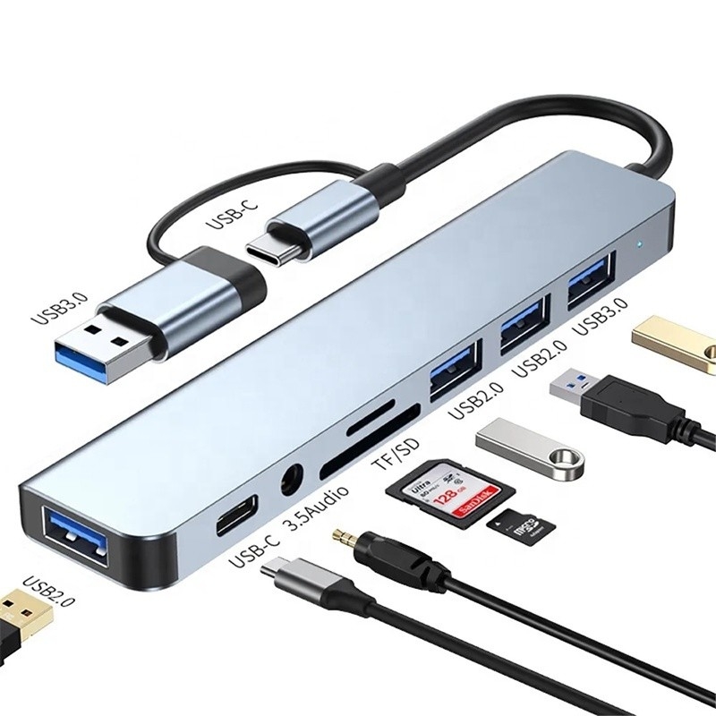 8-In-1 USB 3.0 Hub 3*USB 2.0 3.5mm Audio SD/TF Reader Output για μεταφορά δεδομένων και φόρτιση