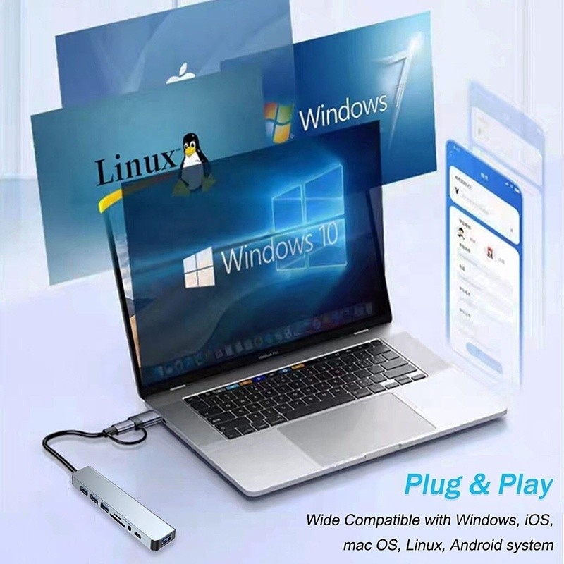 8-In-1 USB 3.0 Hub 3*USB 2.0 3.5mm Audio SD/TF Reader Output για μεταφορά δεδομένων και φόρτιση