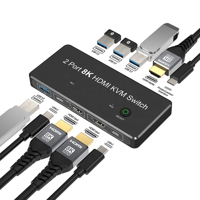2 θύρες HDMI 2.1 KVM Switch με USB 3.0 2 Εισόδου 1 Έκδοσης Δείκτες LED Γυναίκα-Γυναίκα