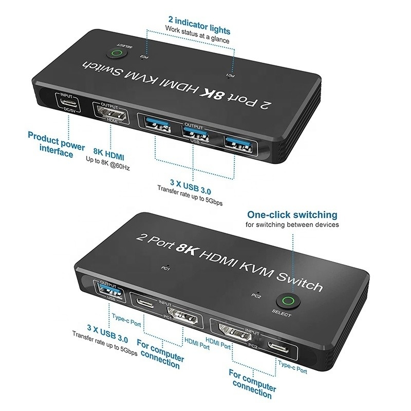 2 θύρες HDMI 2.1 KVM Switch με USB 3.0 2 Εισόδου 1 Έκδοσης Δείκτες LED Γυναίκα-Γυναίκα