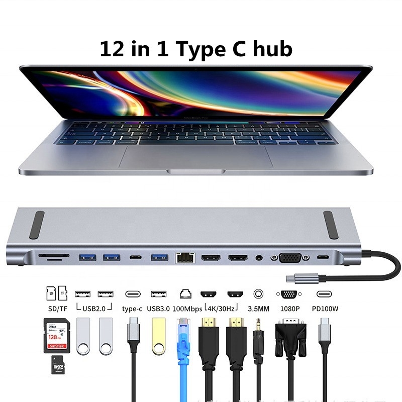 12 σε 1 USB-C Type-C Docking Station για φόρτιση, μεταφορά δεδομένων και λειτουργία ομιλητών