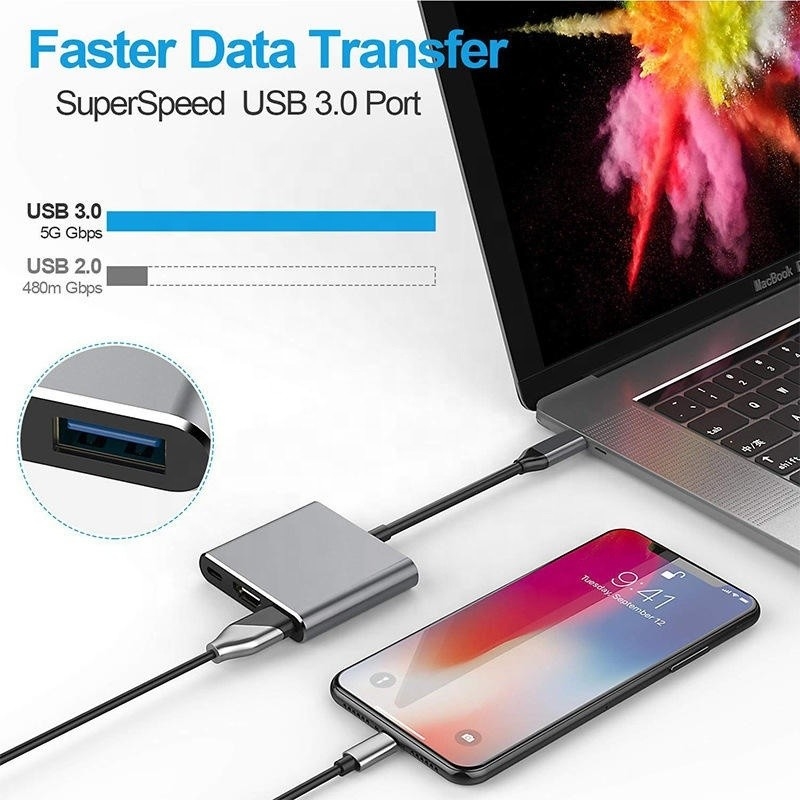 3-σε-1 USB C τύπου C Πολυλειτουργικό Κέντρο προς USB-C PD HDMI USB 3.0 Adapter Converter Cable