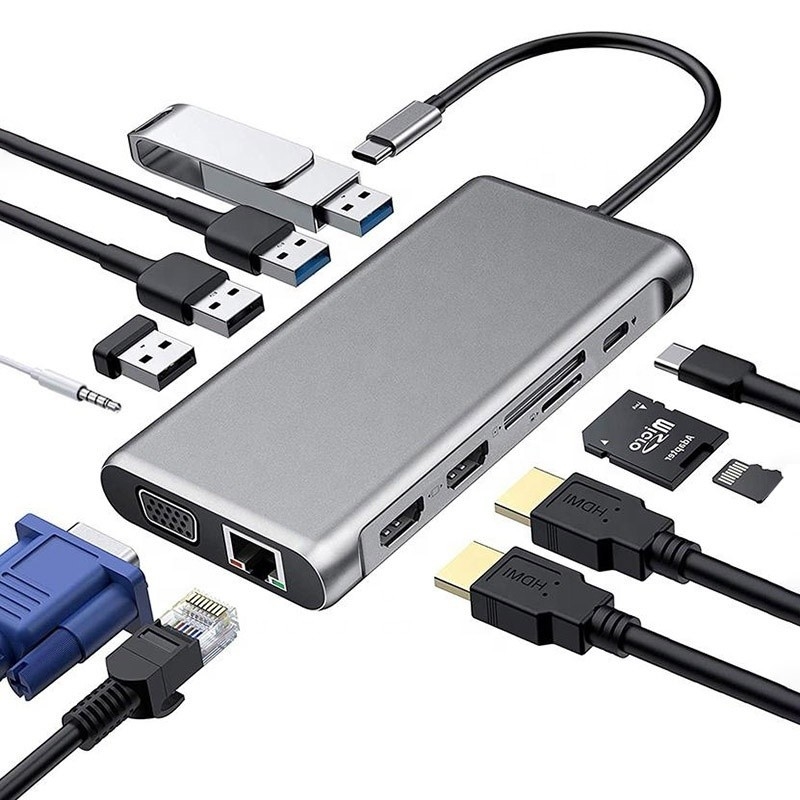Σταθμός σύνδεσης USB Type-C 12-σε-1 HDMI 1080P 60Hz 2*HDMI VGA RJ45 4*USB Audio SD/TF PD