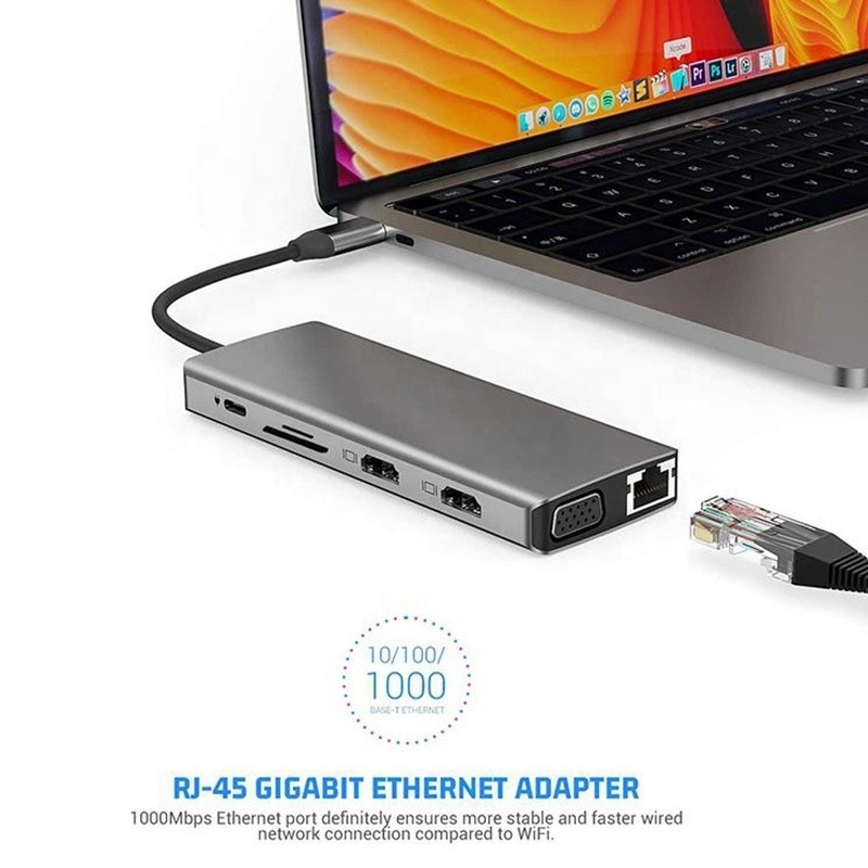 Σταθμός σύνδεσης USB Type-C 12-σε-1 HDMI 1080P 60Hz 2*HDMI VGA RJ45 4*USB Audio SD/TF PD