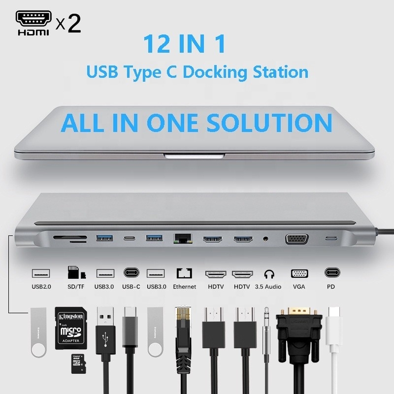Βελτιωμένη συνδεσιμότητα 12 σε 1 USB C Type-C Hub Multiport Dock Station με διπλό HDMI