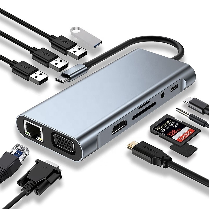 Πολυλειτουργικό USB C Hub Dock με Gigabit RJ45 Ethernet TF SD Card Reader HDMI VGA USB 3.0
