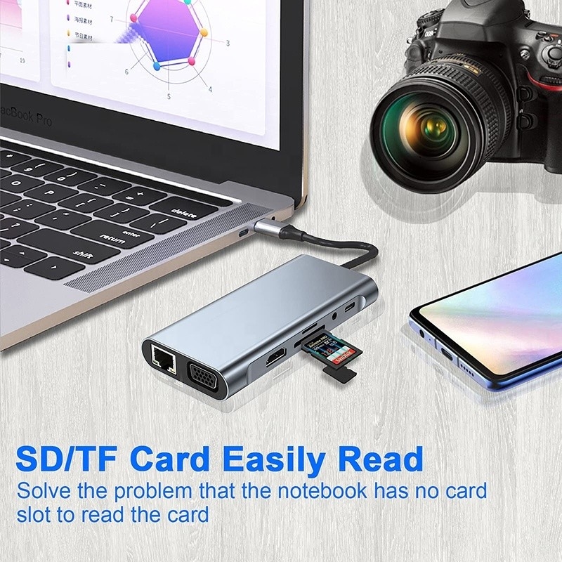 Πολυλειτουργικό USB C Hub Dock με Gigabit RJ45 Ethernet TF SD Card Reader HDMI VGA USB 3.0