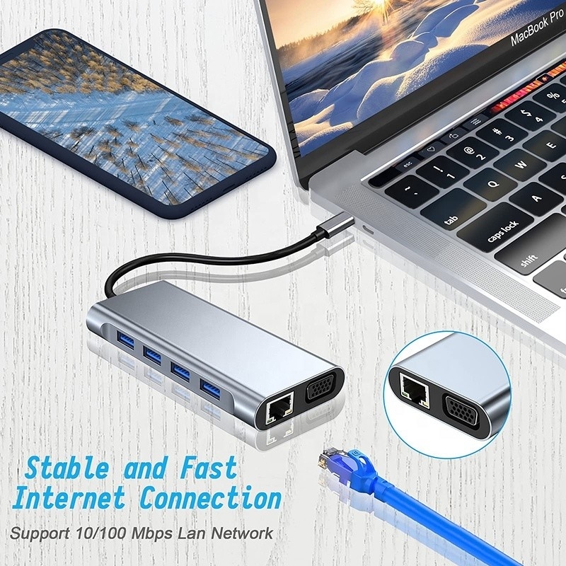 Πολυλειτουργικό USB C Hub Dock με Gigabit RJ45 Ethernet TF SD Card Reader HDMI VGA USB 3.0