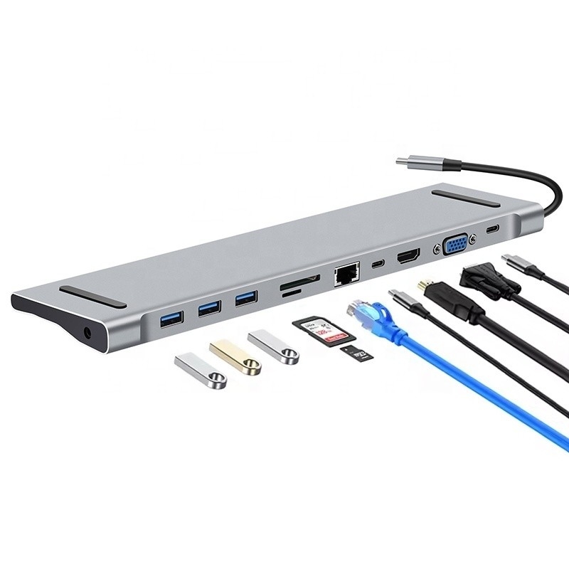 11 σε 1 USB C Type C Docking Station με VGA Ethernet 3,5 mm Audio TF/SD Card Reader