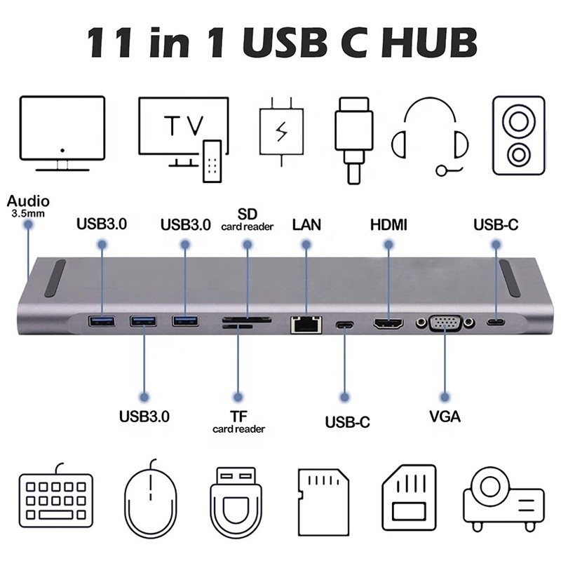 11 σε 1 USB C Type C Docking Station με VGA Ethernet 3,5 mm Audio TF/SD Card Reader