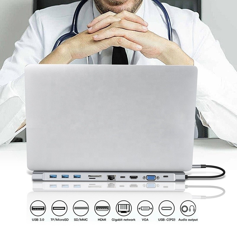 11 σε 1 USB C Type C Docking Station με VGA Ethernet 3,5 mm Audio TF/SD Card Reader