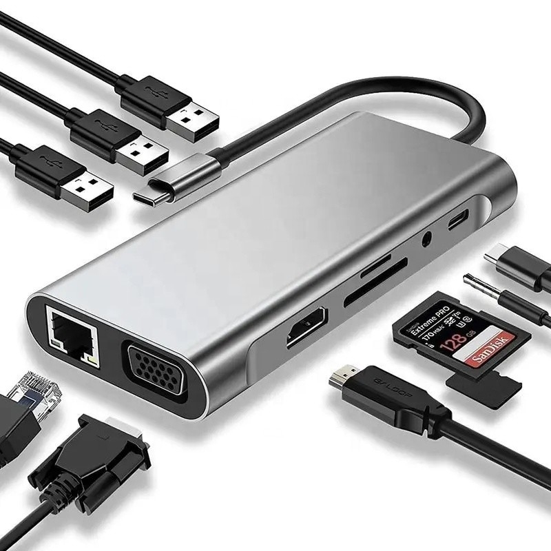 USB C Hub Τύπος-C προς USB 3.0 HDMI VGA RJ45 Lan SD TF Audio USB Grey Πολλαπλόπορτο προσαρμογέα