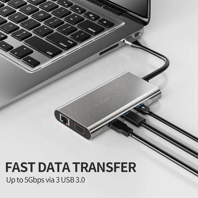 USB C Hub Τύπος-C προς USB 3.0 HDMI VGA RJ45 Lan SD TF Audio USB Grey Πολλαπλόπορτο προσαρμογέα