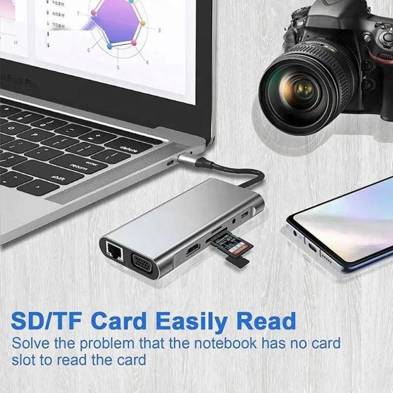 USB C Hub Τύπος-C προς USB 3.0 HDMI VGA RJ45 Lan SD TF Audio USB Grey Πολλαπλόπορτο προσαρμογέα