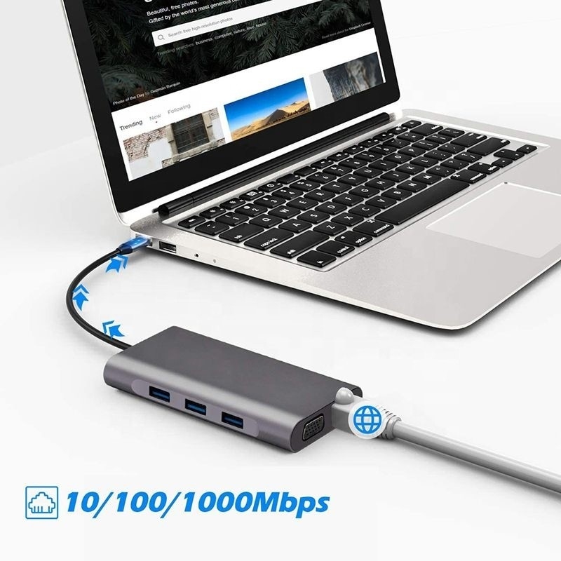 USB C Hub Τύπος-C προς USB 3.0 HDMI VGA RJ45 Lan SD TF Audio USB Grey Πολλαπλόπορτο προσαρμογέα