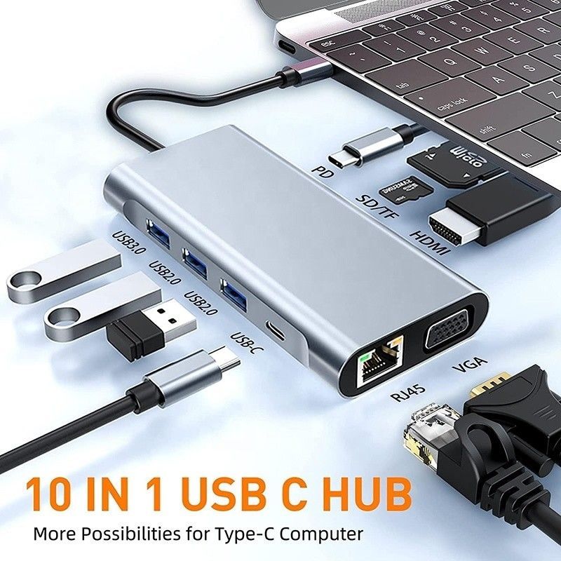 USB Type C 10 σε 1 Docking Station με 4K HDTV VGA Lan RJ45 USB3.0 Card Reader