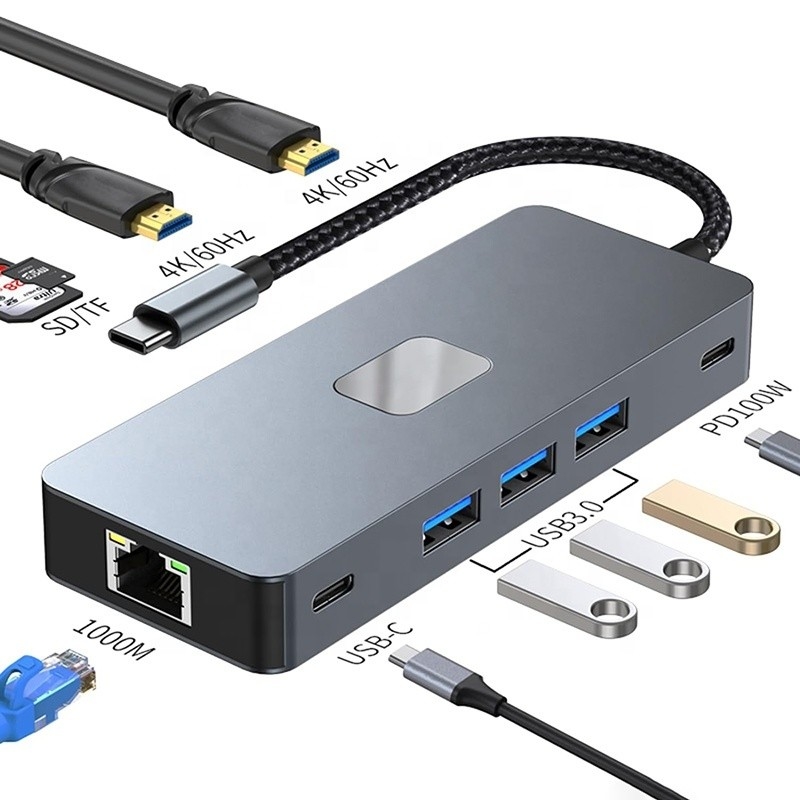 10 σε 1 USB C Hub για διπλό HDMI 4K 60Hz Adapter Dock με USB 3.0 Ethernet RJ45 1000Mbps