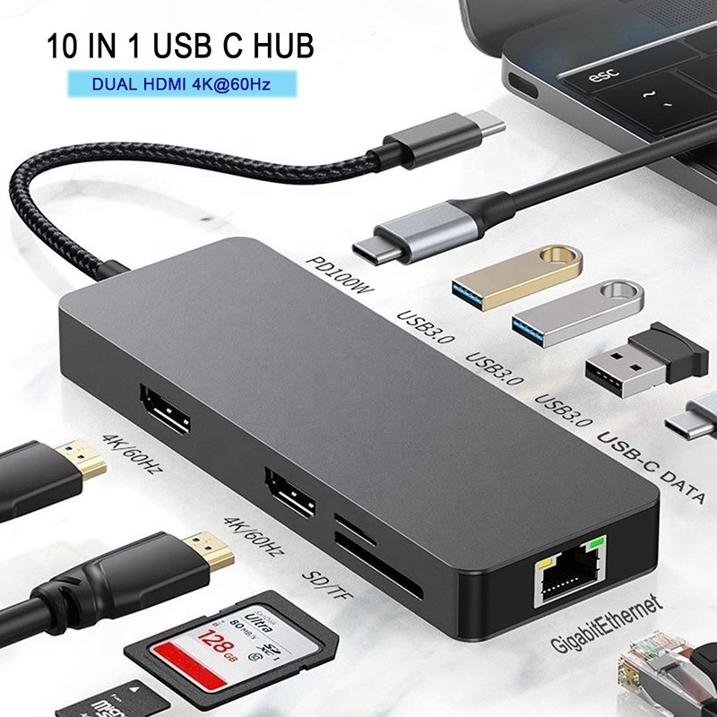 10 σε 1 USB C Hub για διπλό HDMI 4K 60Hz Adapter Dock με USB 3.0 Ethernet RJ45 1000Mbps