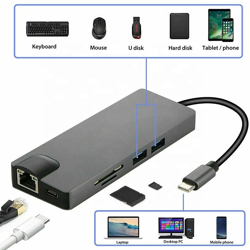 8-In-1 USB C Hub Τύπος-C Τύπος C 3.1 έως 4K HDMI HDTV RJ45 Lan Ethernet PD USB3.0 Adapter Hub