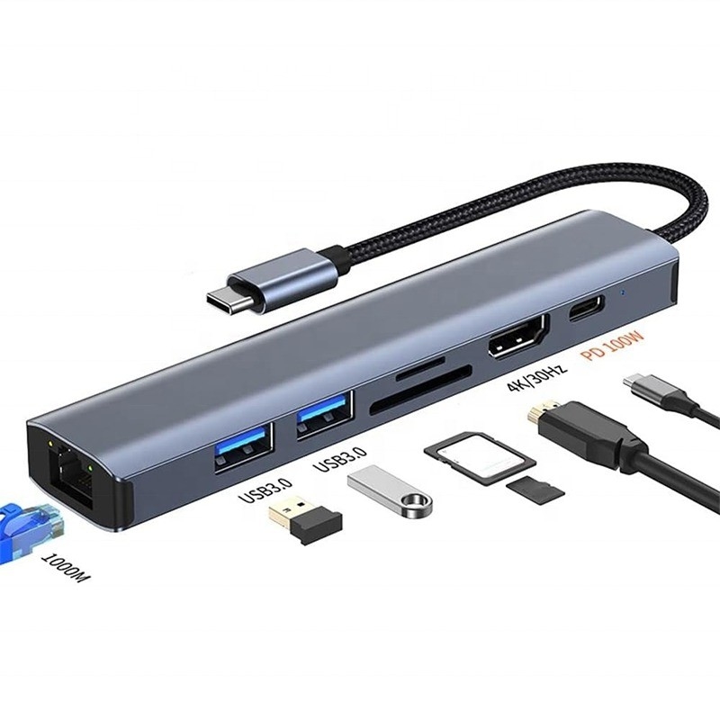 Γκρι 7 σε 1 USB Type C Hub με 1000M RJ45 Gigabit Ethernet 4K HDMI PD 100W προσαρμογέα