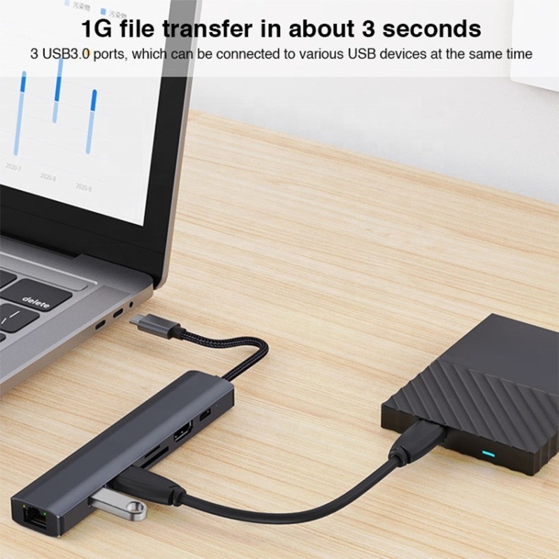 Γκρι 7 σε 1 USB Type C Hub με 1000M RJ45 Gigabit Ethernet 4K HDMI PD 100W προσαρμογέα