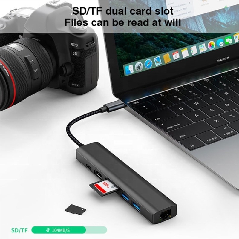 Γκρι 7 σε 1 USB Type C Hub με 1000M RJ45 Gigabit Ethernet 4K HDMI PD 100W προσαρμογέα