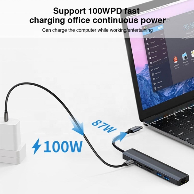 Γκρι 7 σε 1 USB Type C Hub με 1000M RJ45 Gigabit Ethernet 4K HDMI PD 100W προσαρμογέα