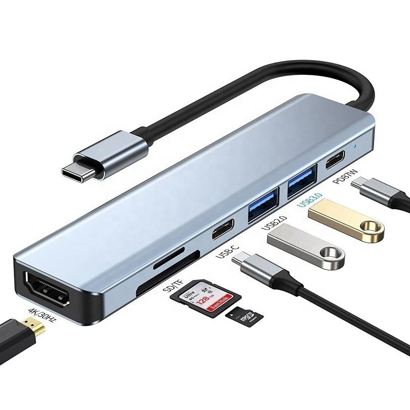 Γκρι 7 σε 1 USB C προς HDMI Adapter Hub Dock με αναγνώστη κάρτας SD TF SD / TF