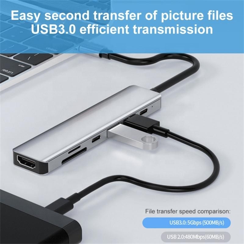 Γκρι 7 σε 1 USB C προς HDMI Adapter Hub Dock με αναγνώστη κάρτας SD TF SD / TF