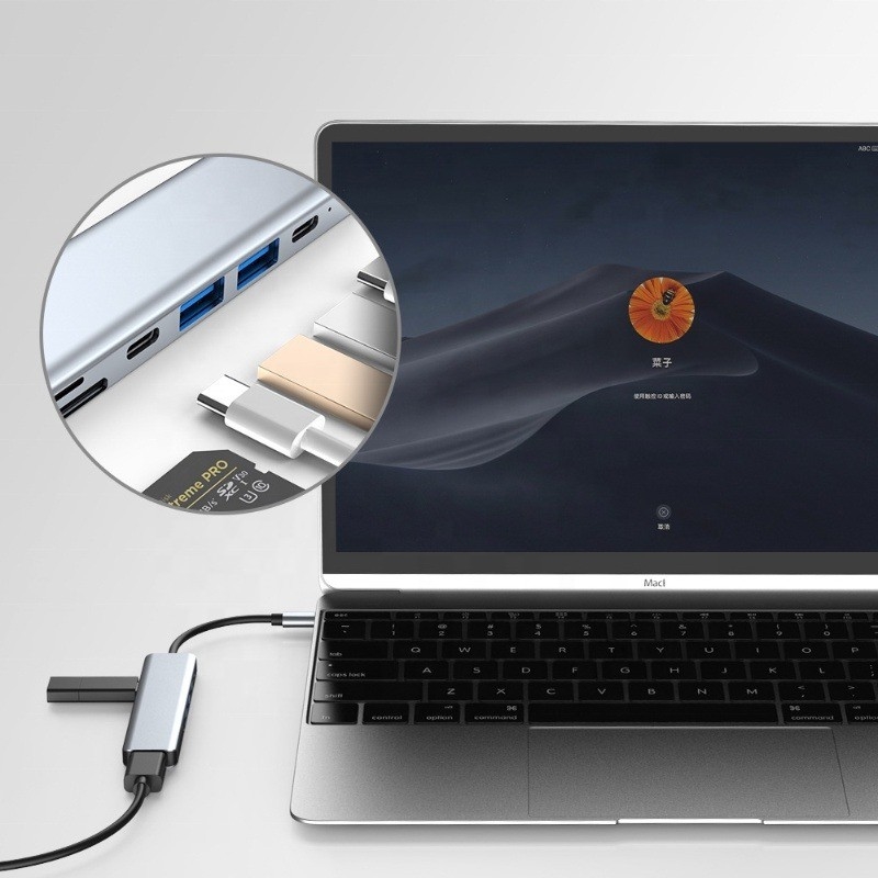 Γκρι 7 σε 1 USB C προς HDMI Adapter Hub Dock με αναγνώστη κάρτας SD TF SD / TF