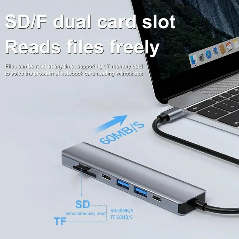 Γκρι 7 σε 1 USB C προς HDMI Adapter Hub Dock με αναγνώστη κάρτας SD TF SD / TF
