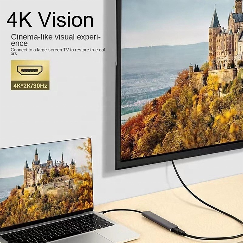 Γκρι 7 σε 1 USB C προς HDMI Adapter Hub Dock με αναγνώστη κάρτας SD TF SD / TF