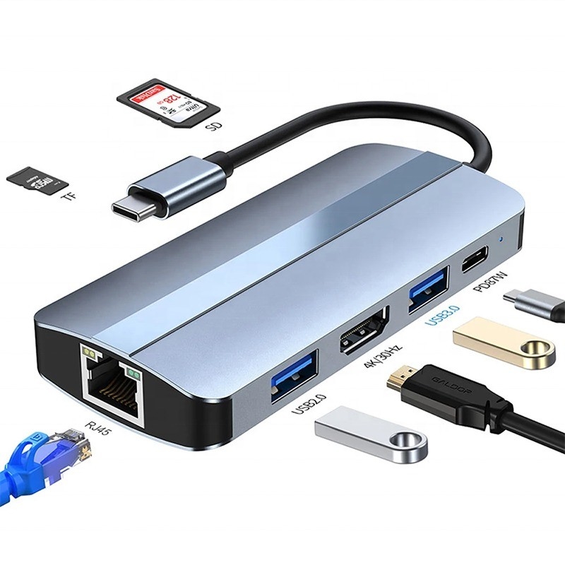 7 σε 1 USB C USB-C Hub για Macbook Gray HDMI USB 3.0 USB2.0 RJ45 SD/TF Reader Card PD έξοδος