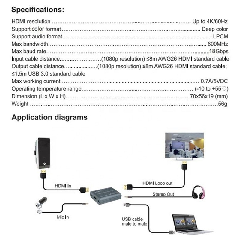 Επαγγελματική κάρτα λήψης βίντεο 4K 60Hz HDMI σε USB3.0 με έξοδο ήχου και USB 3.0