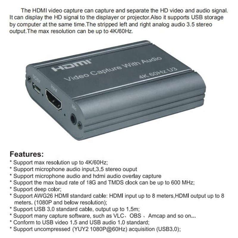 Επαγγελματική κάρτα λήψης βίντεο 4K 60Hz HDMI σε USB3.0 με έξοδο ήχου και USB 3.0