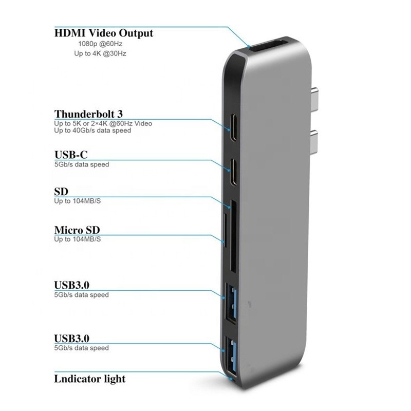 Πολλαπλόπορτο σταθμό δέσμευσης 6-σε-1 Type-C Hub Adapter με έξοδο SD/TF 2 * USB3.0 2 * USB-C