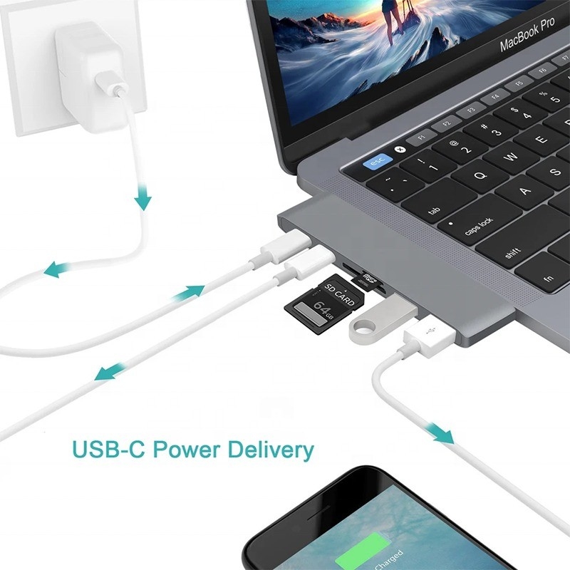 Πολλαπλόπορτο σταθμό δέσμευσης 6-σε-1 Type-C Hub Adapter με έξοδο SD/TF 2 * USB3.0 2 * USB-C
