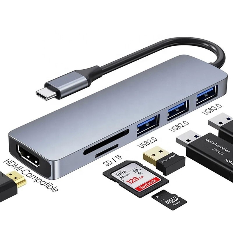 6-σε-1 Multiport Laptop Docking Station με 4K HD HDMI HDTV USB 3.0 SD TF Card Reader